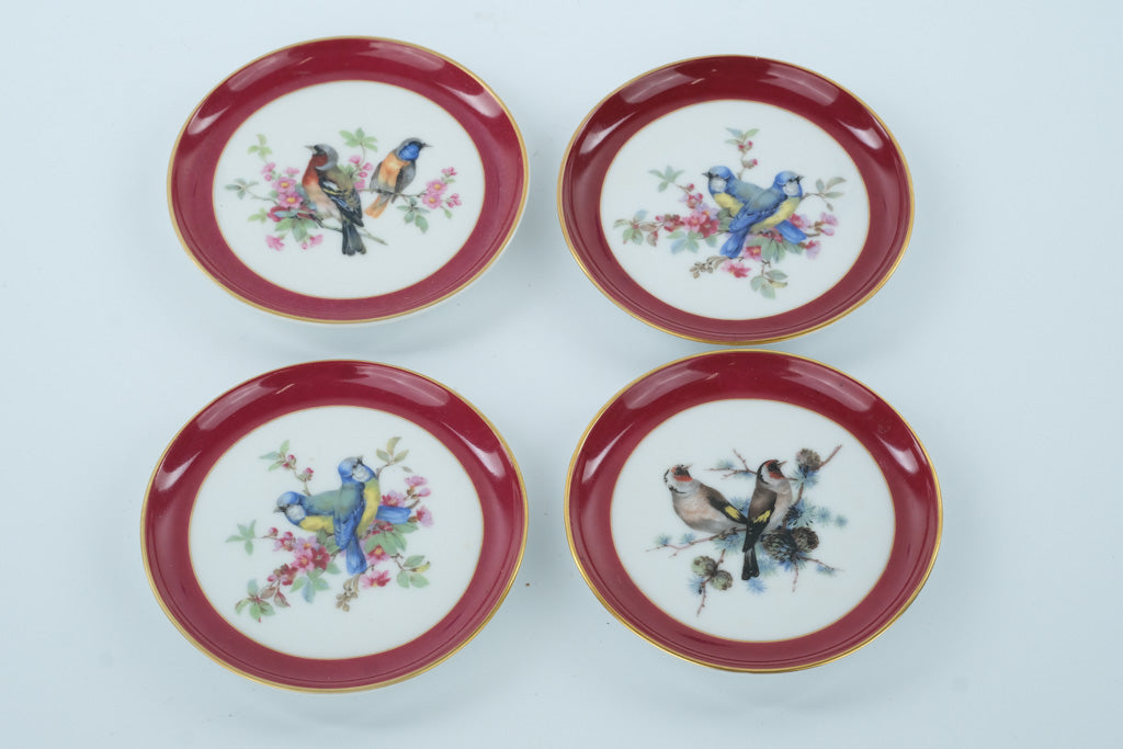 Set of 4 Miniature Bird Plates – Kaiser W. Germany Porcelain, 4” Burgundy & Gold Rim