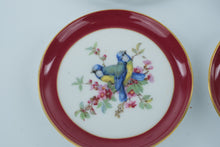 Load image into Gallery viewer, Set of 4 Miniature Bird Plates – Kaiser W. Germany Porcelain, 4” Burgundy &amp; Gold Rim
