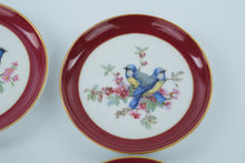 Load image into Gallery viewer, Set of 4 Miniature Bird Plates – Kaiser W. Germany Porcelain, 4” Burgundy &amp; Gold Rim
