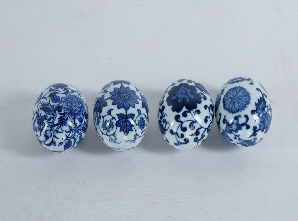 Set of 4 Blue and White Porcelain Decorative Eggs – Floral Pattern, 3.5