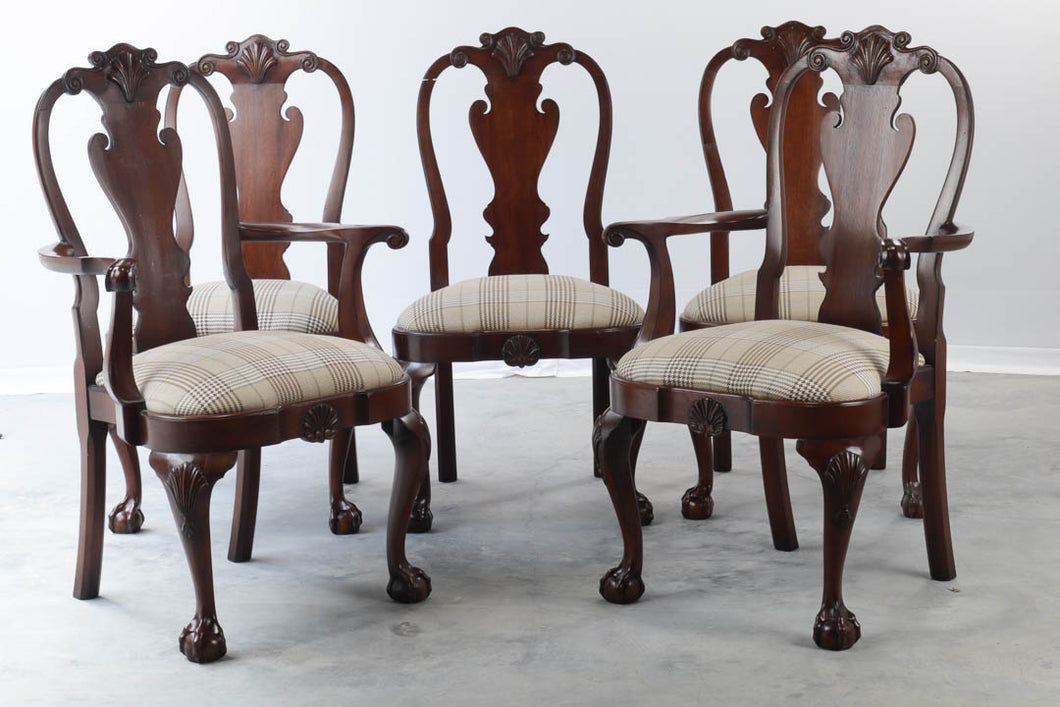 Set of 5 Mahogany Shell Carved Dining Chairs with Wide Seats