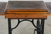 Load image into Gallery viewer, Antique Treadle Sewing Machine in Inlaid Wood Cabinet
