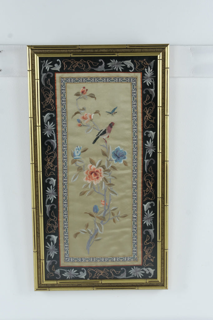 Vintage Chinese Silk Embroidery Bird & Flower Scene – Hand-Stitched Art in Bamboo Frame 15.5x28