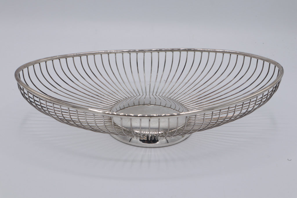 Italian Silver Wire Fruit Basket – Oval Decorative Bowl with Pedestal Base