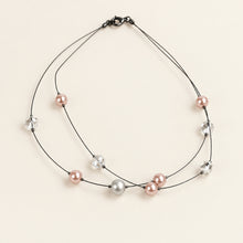 Load image into Gallery viewer, Double Strand Floating Pearl Necklace Pink Silver and Clear Crystal Beads

