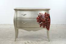 Load image into Gallery viewer, Silver Two-Drawer Bombe Chest with Red Floral Design
