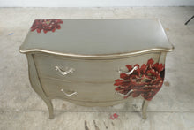 Load image into Gallery viewer, Silver Two-Drawer Bombe Chest with Red Floral Design
