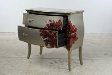 Load image into Gallery viewer, Silver Two-Drawer Bombe Chest with Red Floral Design
