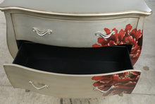 Load image into Gallery viewer, Silver Two-Drawer Bombe Chest with Red Floral Design
