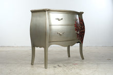 Load image into Gallery viewer, Silver Two-Drawer Bombe Chest with Red Floral Design
