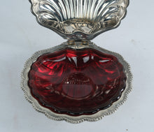 Load image into Gallery viewer, Antique Silverplate Shell Trinket Box Red Glass Insert F and JL England
