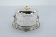 Load image into Gallery viewer, Antique English Silverplate Biscuit Box Lion Mask Handles Engraved Oval Stand
