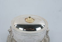 Load image into Gallery viewer, Antique English Silverplate Biscuit Box Lion Mask Handles Engraved Oval Stand
