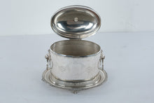 Load image into Gallery viewer, Antique English Silverplate Biscuit Box Lion Mask Handles Engraved Oval Stand
