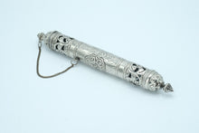 Load image into Gallery viewer, Ornate Silver Scroll Holder / Manuscript Case – Filigree Tube with Chain &amp; Finial Ends
