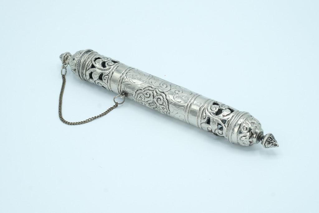 Ornate Silver Scroll Holder / Manuscript Case – Filigree Tube with Chain & Finial Ends