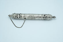 Load image into Gallery viewer, Ornate Silver Scroll Holder / Manuscript Case – Filigree Tube with Chain &amp; Finial Ends
