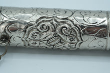 Load image into Gallery viewer, Ornate Silver Scroll Holder / Manuscript Case – Filigree Tube with Chain &amp; Finial Ends
