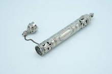 Load image into Gallery viewer, Ornate Silver Scroll Holder / Manuscript Case – Filigree Tube with Chain &amp; Finial Ends
