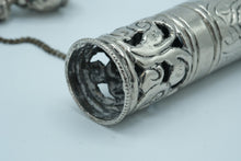 Load image into Gallery viewer, Ornate Silver Scroll Holder / Manuscript Case – Filigree Tube with Chain &amp; Finial Ends
