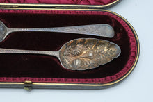 Load image into Gallery viewer, Antique Georgian Sterling Silver Berry Spoons Pair Repousse Fruit Cased London
