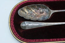 Load image into Gallery viewer, Antique Georgian Sterling Silver Berry Spoons Pair Repousse Fruit Cased London
