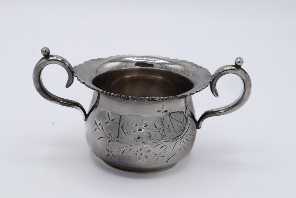 Antique Quadruple Silverplate Sugar Bowl – Floral Engraved, Double Handles, Pattern 46