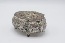 Load image into Gallery viewer, Japan Silver Tone Filigree Trinket Box Red Velvet Floral Jewelry Casket
