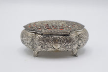 Load image into Gallery viewer, Japan Silver Tone Filigree Trinket Box Red Velvet Floral Jewelry Casket
