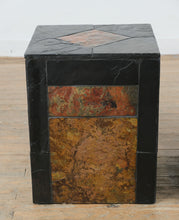 Load image into Gallery viewer, Pair Slate Stone Cube Side Tables Black Frame Multi Tone Inlay Top
