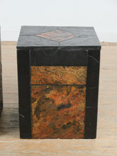 Load image into Gallery viewer, Pair Slate Stone Cube Side Tables Black Frame Multi Tone Inlay Top
