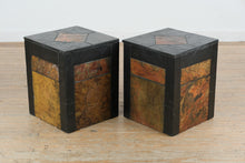 Load image into Gallery viewer, Pair Slate Stone Cube Side Tables Black Frame Multi Tone Inlay Top
