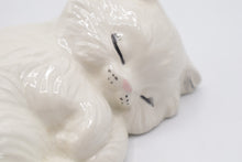 Load image into Gallery viewer, Vintage 1990 Japan Sleeping White Cat Ceramic Figurine Long Hair Kitty
