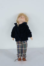 Load image into Gallery viewer, Vintage Porcelain Sleeping Boy Doll – Blonde Hair, Velvet Jacket &amp; Plaid Pants

