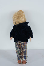 Load image into Gallery viewer, Vintage Porcelain Sleeping Boy Doll – Blonde Hair, Velvet Jacket &amp; Plaid Pants
