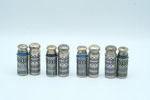 Load image into Gallery viewer, Antique Cobalt Blue Glass Salt Pepper Shakers Silver Tone Holders Lot of 8
