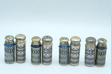 Load image into Gallery viewer, Antique Cobalt Blue Glass Salt Pepper Shakers Silver Tone Holders Lot of 8
