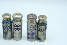Load image into Gallery viewer, Antique Cobalt Blue Glass Salt Pepper Shakers Silver Tone Holders Lot of 8
