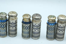 Load image into Gallery viewer, Antique Cobalt Blue Glass Salt Pepper Shakers Silver Tone Holders Lot of 8
