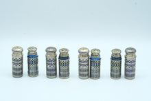 Load image into Gallery viewer, Antique Cobalt Blue Glass Salt Pepper Shakers Silver Tone Holders Lot of 8
