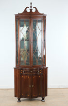 Load image into Gallery viewer, Mahogany Corner Curio Cabinet with Inlaid Banded Detail and Glazed Doors
