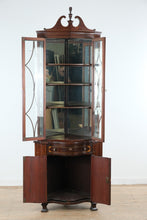 Load image into Gallery viewer, Mahogany Corner Curio Cabinet with Inlaid Banded Detail and Glazed Doors

