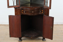 Load image into Gallery viewer, Mahogany Corner Curio Cabinet with Inlaid Banded Detail and Glazed Doors
