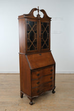 Load image into Gallery viewer, Mahogany Secretary Desk with Bookcase Hutch and Chippendale Style Fretwork Doors

