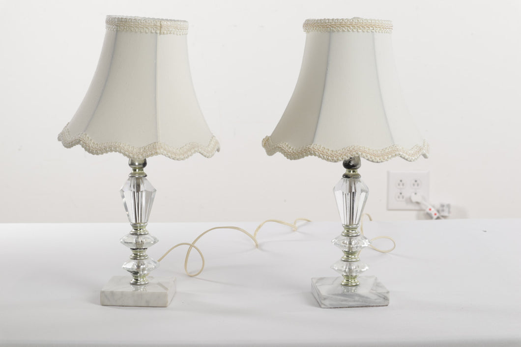 Pair of Smaller Clear Glass Crystal Lamps with Marble Bases