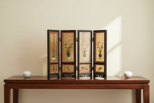 Load image into Gallery viewer, Chinese Four Panel Tabletop Folding Screen Hardstone Flowers Black Lacquer

