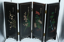 Load image into Gallery viewer, Chinese Four Panel Tabletop Folding Screen Hardstone Flowers Black Lacquer
