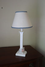 Load image into Gallery viewer, White Column Table Lamp with Blue Trim Shade
