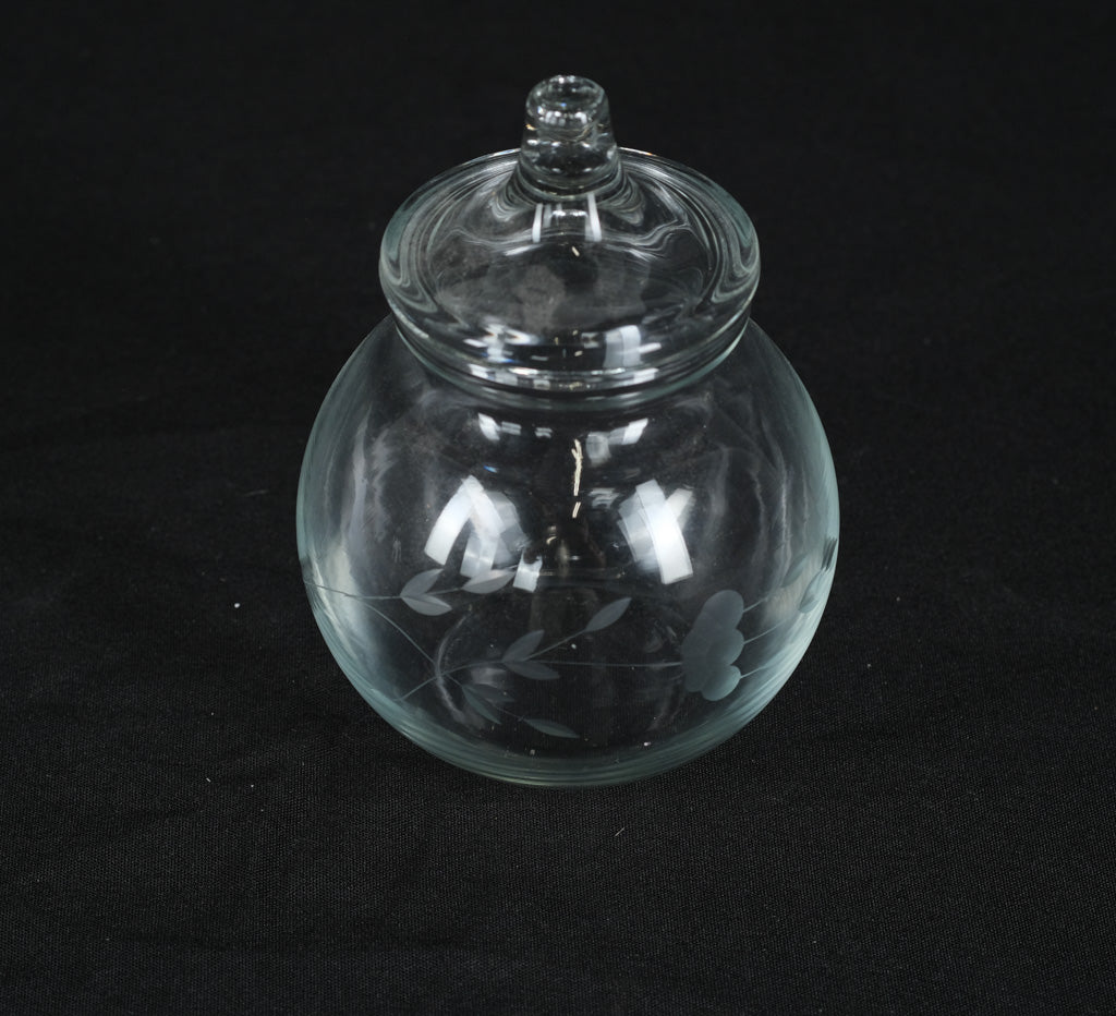 Etched Glass Jar with Lid – Small Round Floral Canister / Candy or Vanity Jar