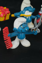 Load image into Gallery viewer, Vintage Smurfs Lot – 1970s–1980s Schleich Peyo Figures – Barber, Farmer, Gift Giver &amp; More (Set of 6)

